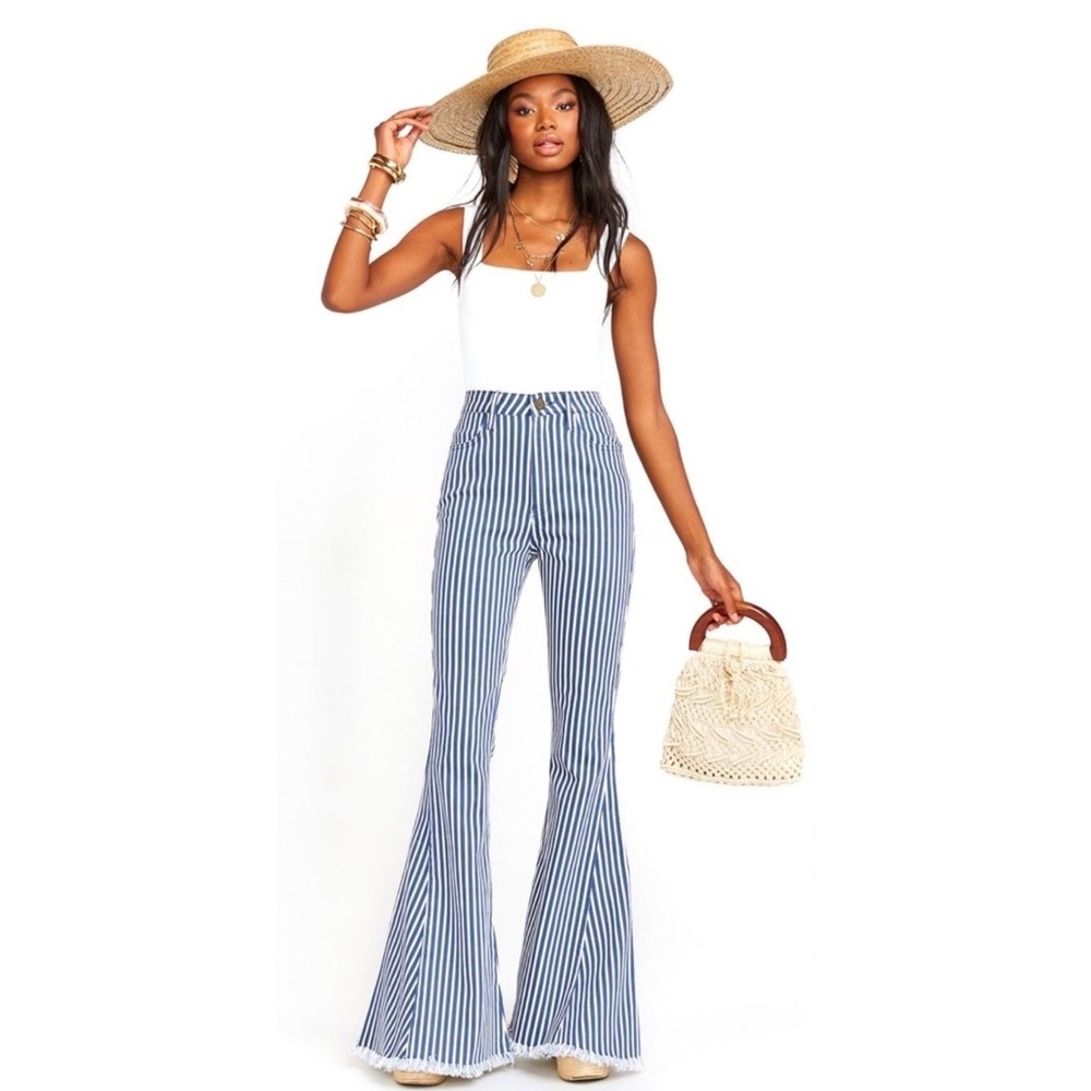Show Me Your Mumu Berkeley Bell Bottom Jeans Blue White Stripe High Rise XS 25 - Picture 6 of 9